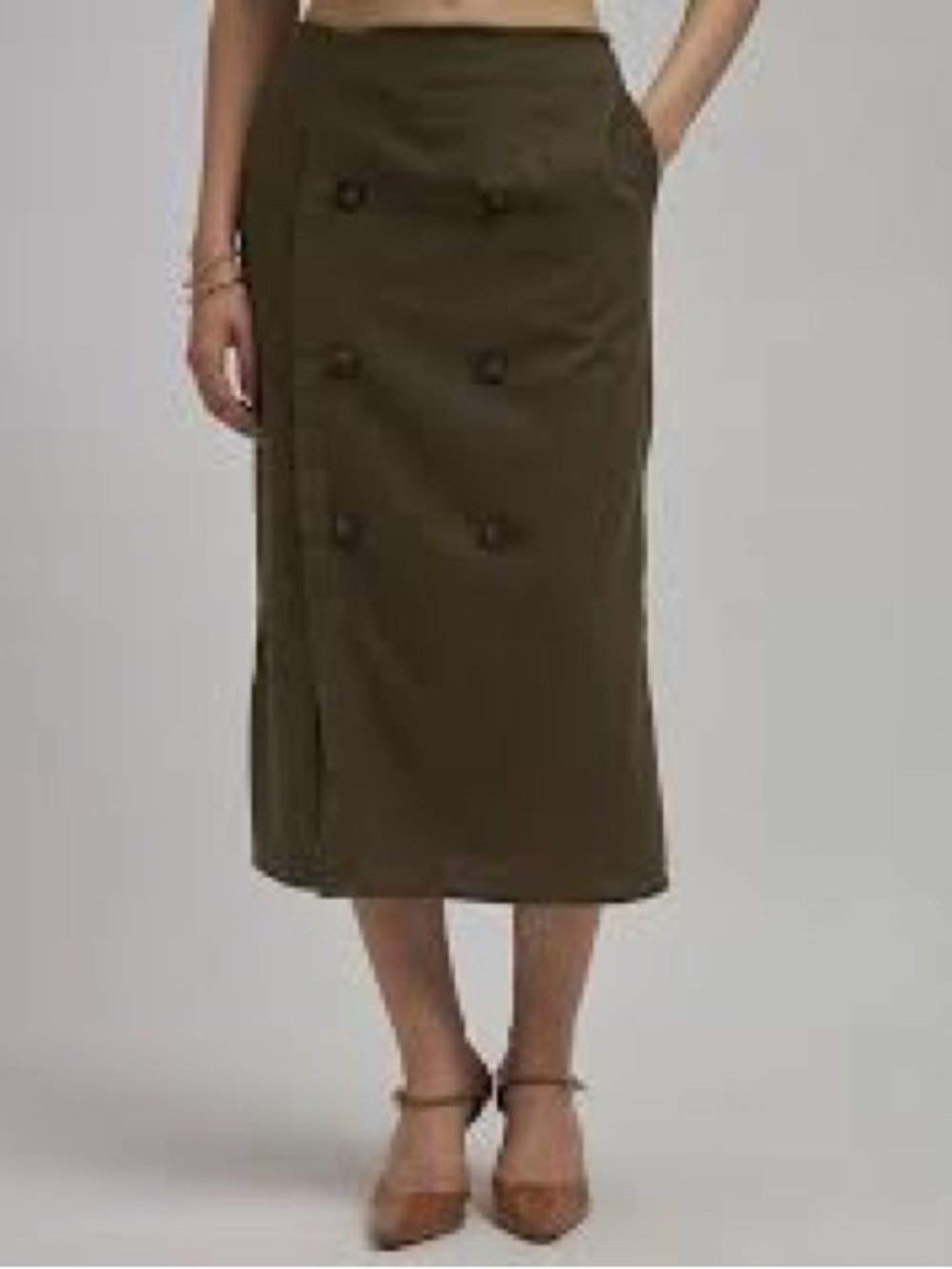 Olive Double-Button Midi Skirt